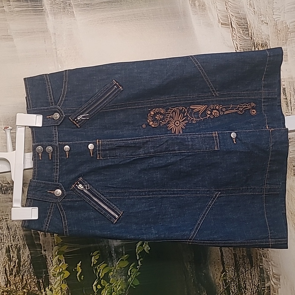 New! Oilily Womens 34 denim blue jean retro pencil skirt brown floral embroidery